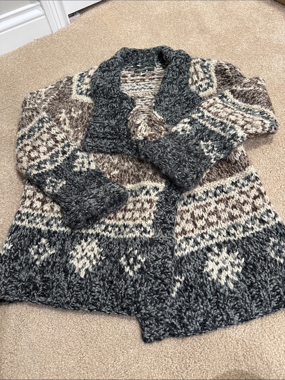Eddie Bauer Shawl-Collar Sweater Cardigan in Gray, Brown & Cream